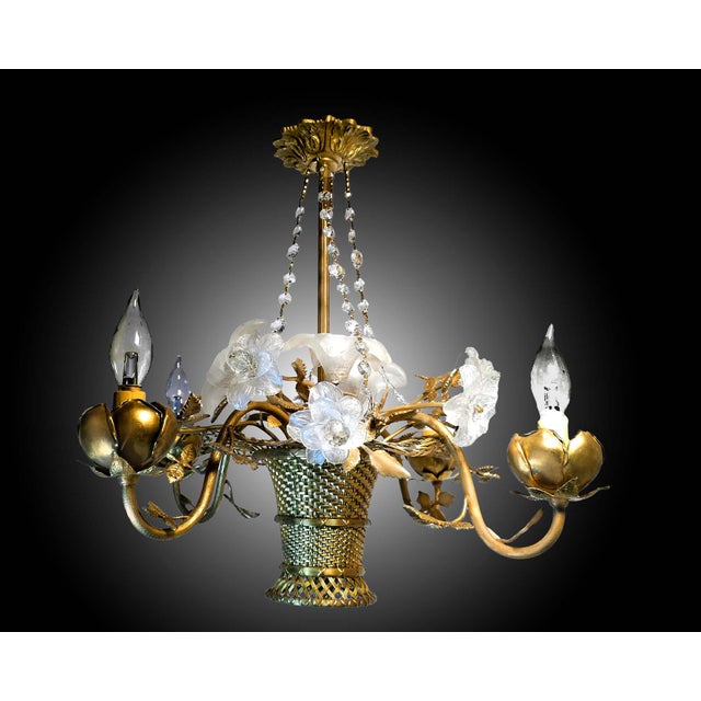Antique French Art Nouveau Gilt Woven Bronze Basket Chandelier with Glass Roses 4 lights Elegant French Art Nouveau woven...