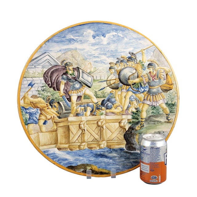 Ceramic Large Italian Istoriato Revival Pesaro School Maiolica Charger with Heroic Scene, 1890-1915 For Sale - Image 7 of 8