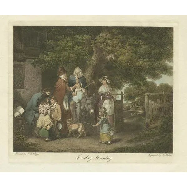 Antique print titled 'Sunday Morning'. It shows: A family (father, mother, grandmother and several children) are heading...