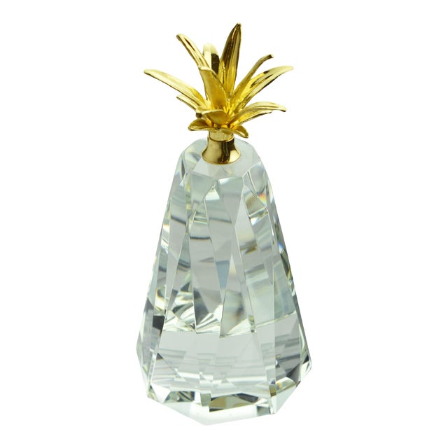 Late 20th Century Tall Crystal Pineapple With Gold Crown of Leaves For Sale