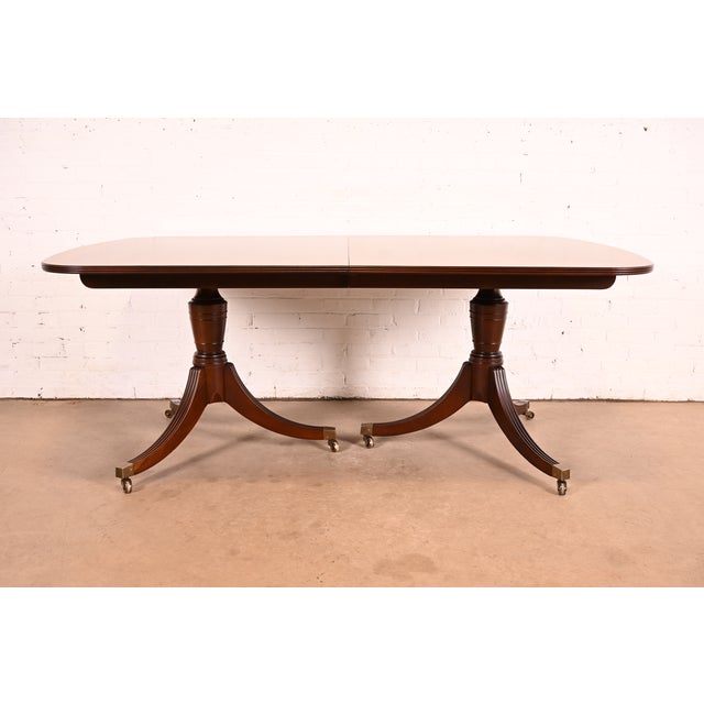 Baker Furniture Georgian Banded Mahogany Double Pedestal Extension Dining Table | Newly Refinished For Sale - Image 10 of 13