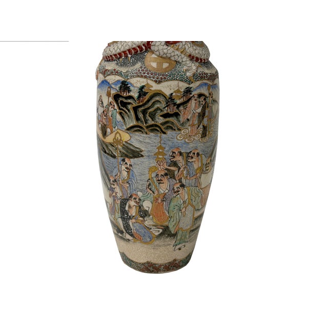 Vintage Asian Satusma Ceramic Handpainted Samurai Relief Dragon Motif Vase For Sale - Image 13 of 18