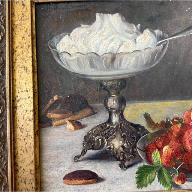 1940s M. Heller Hermann (B. 1897) German Still Life With Strawberries & Champagne, Oil on Board For Sale - Image 4 of 10