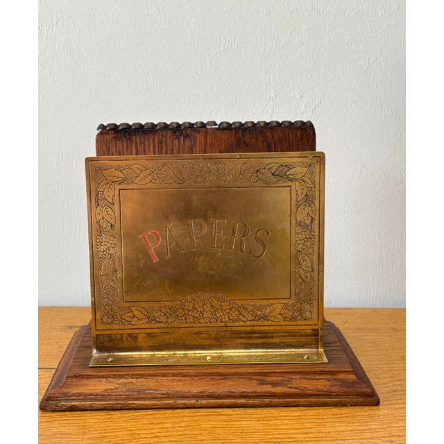 Antique English Oak and Brass Paper Rack For Sale - Image 4 of 9