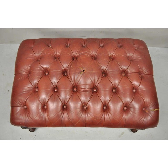 Mid 20th Century Vintage English Chesterfield Queen Anne Brown Leather Tufted Ottoman Footstool For Sale - Image 5 of 10