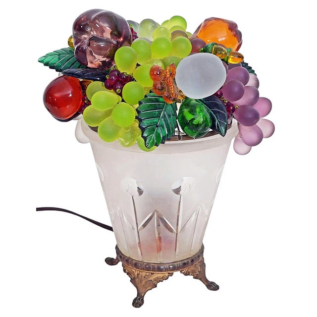 A rare find, a vintage frosted glass fruit basket lamp from Czechoslovakia. Frosted and etched crystal glass basket base...