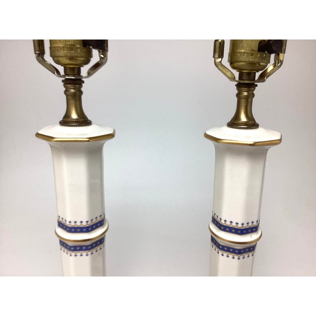 1950s 1950s Candle Stick Federal Style Blue Gold Star Porcelain Lamps - a Pair For Sale - Image 5 of 7