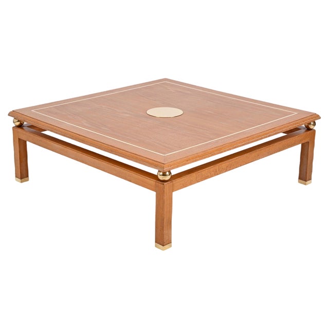 Coffee Table in Oak and Brass by Tommaso Barbi, Italy, 1970s For Sale