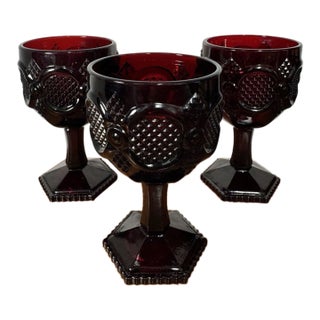 Vintage Ruby Red Pressed Glass Goblets Diamond Pattern Pedestal Stemwar - Set of 3 For Sale