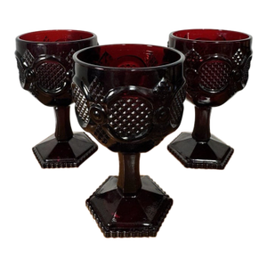 Vintage Ruby Red Pressed Glass Goblets Diamond Pattern Pedestal Stemwar - Set of 3