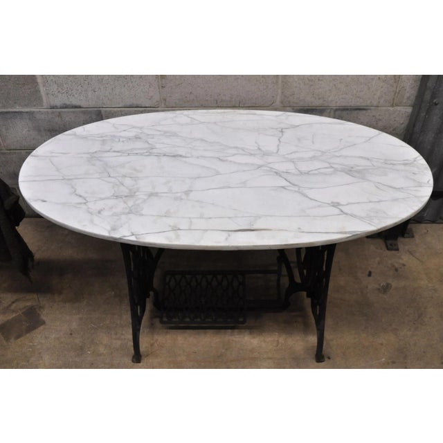 Early 20th Century Early 20th Century Cast Iron Singer Treadle Sewing Machine Base Console Table Oval Marble Top For Sale - Image 5 of 12