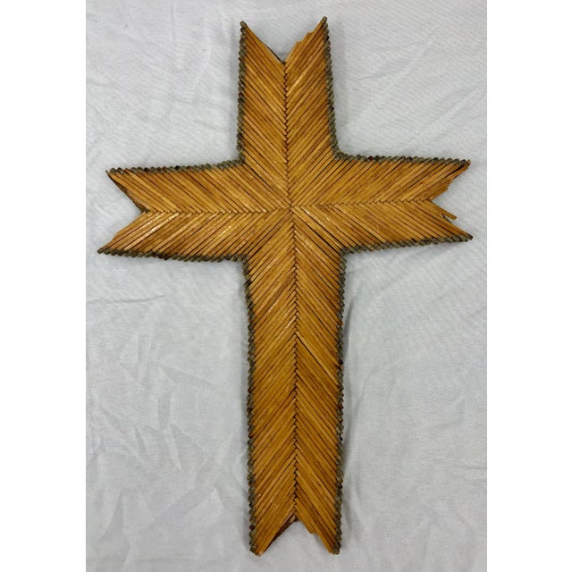 Stunning Antique Handmade Folk / Tramp Art Cross. Composed of Match Sticks. Possibly Prison Art. Made to hang on wall....