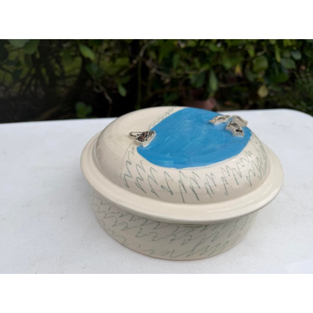 White Vintage Studio Pottery Covered Dish With Fish & Boat Lid Signed Folk Art Ceramic For Sale - Image 8 of 10