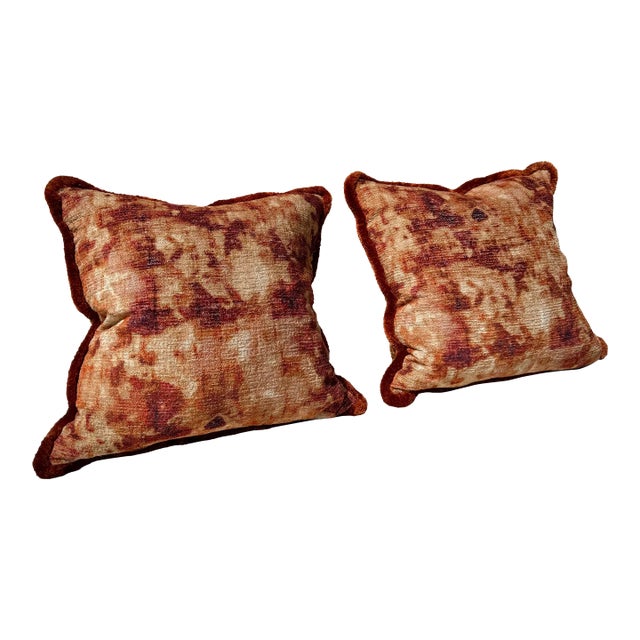 Sofa Pillows: Pair New Pillows: Sumptuous Variegated Orange Boucle Velvet With Triple Ply Silk Moss Fringe. 50/50 Down Fill All New For Sale