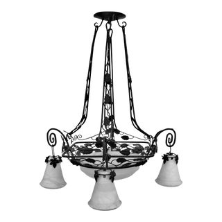 Art Deco Style Iron and Alabaster Chandelier For Sale