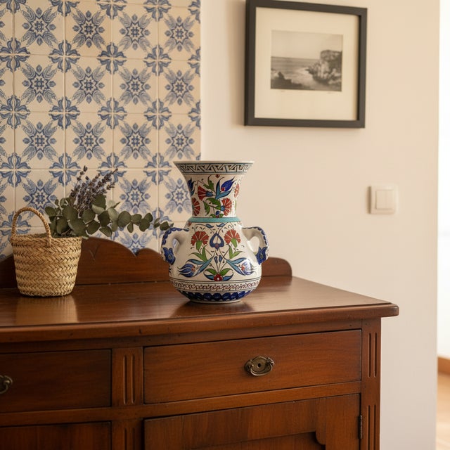 Traditional Handmade Ceramic “Kandil” Vase (20cm) – Traditional Mosque Lamp Shape with Red Tulips – Handled Iznik Decor For Sale - Image 3 of 8
