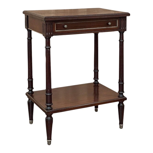 French Mid-Century Louis XVI Style Mahogany & Brass End Table For Sale