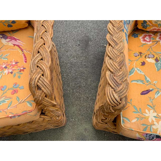 Brown 20th Century Kreiss Pair of Wicker Chairs and Ottomans For Sale - Image 8 of 11