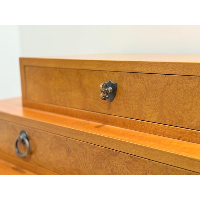 Baker Furniture Company Vintage Biedermeier Style Chest by Baker - Burl Ash + Maple - High Boy Dresser For Sale - Image 4 of 11