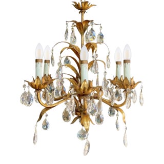 1950s Italian Gilt Tole and Crystal Palm-Form Chandelier For Sale