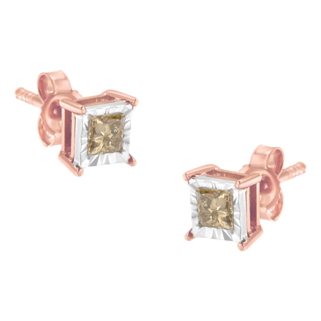 14K Rose Gold Plated Two-Tone .925 Sterling Silver 1/2 Cttw Princess-Cut Square Diamond Solitaire Miracle-Plate Stud Earrings K-L Color, I2-I3 Clarity For Sale