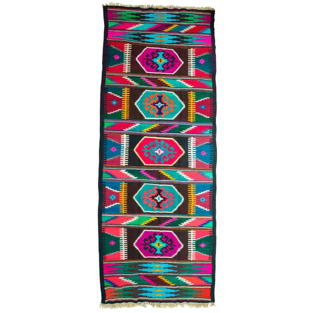 Vintage Romanian Handwoven Wool Flatweave Runner Rug with Geometric Bands and Hooked Medallions, 1960s For Sale - Image 13 of 14