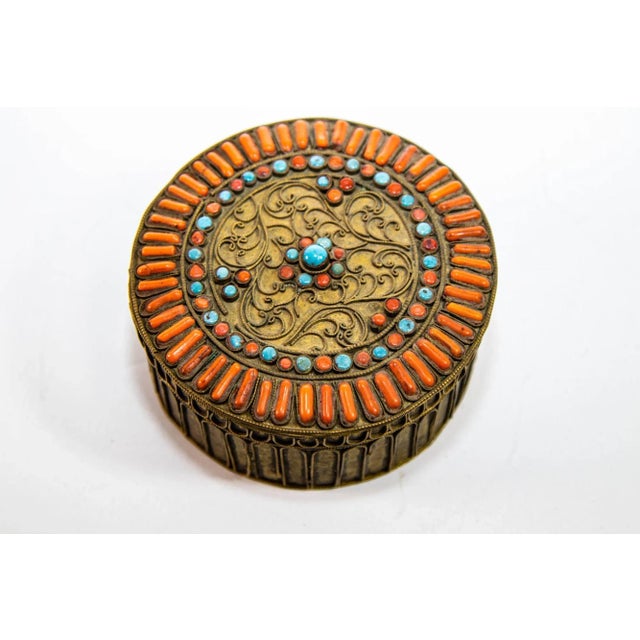Antique Asian Tibetan Brass Filigree With Turquoise and Red Beads Ceremonial Box For Sale - Image 9 of 12