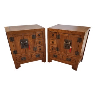 Vintage Chinese Elm Apothecary Nightstands / Bedside Cabinets - A Pair For Sale