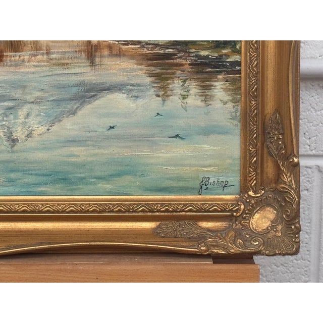 Mountain Lake Forest Landscape Scene - Vintage 20th Century Oil Painting 1970 For Sale - Image 11 of 17