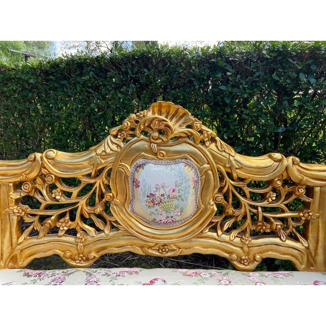 Vintage French Louis XVI Settee in Gilded Beech Wood, Mint Damask & Cream Velvet For Sale - Image 4 of 11