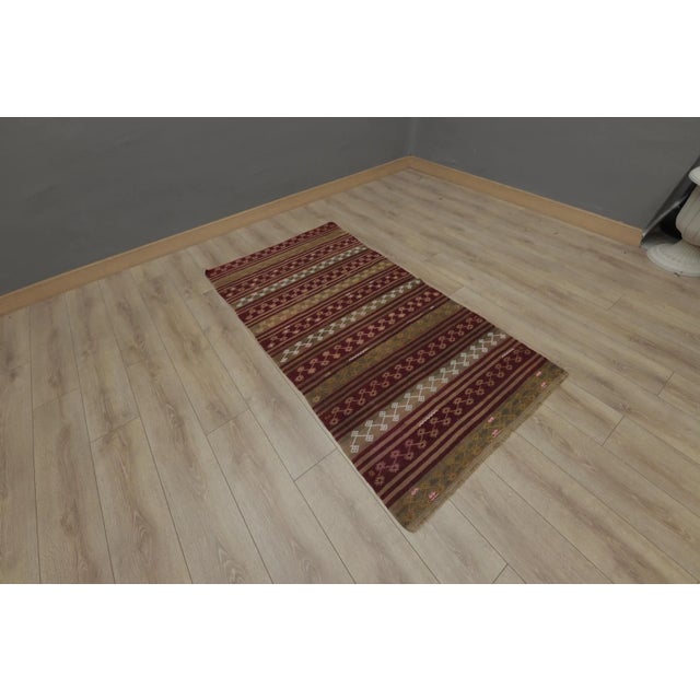 Cabin 1970s Cabin Style Hand Knotted Striped Natural Oushak Kilim Rug For Sale - Image 3 of 13