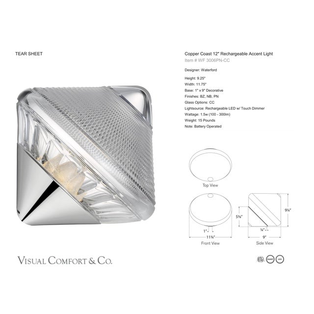 Waterford by Visual Comfort Signature Copper Coast 12" Rechargeable Accent Light in Polished Nickel with Clear Crystal...