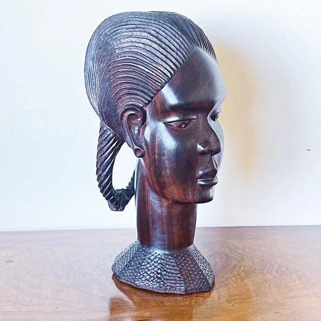 African Early 20th Century Large Hand-Carved Bust of African Woman in Wood For Sale - Image 3 of 10