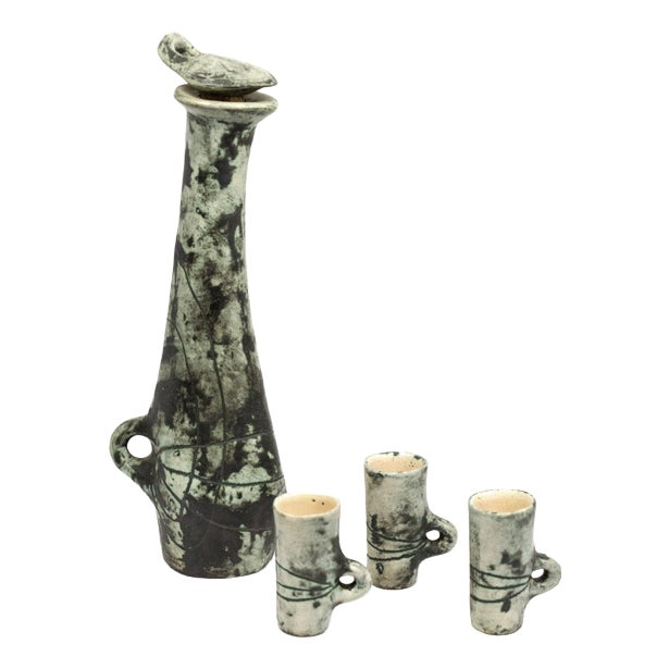 Liqueur Decanter and Celadon in Grey Ceramic and Glasses by Jacques Blin, 1950s, Set of 4 For Sale