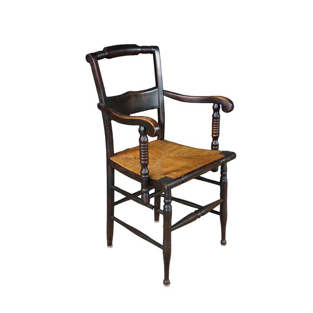 American Antique 19th Century Early American Hitchcock Style Mahogany Caned Arm Chair For Sale - Image 3 of 18