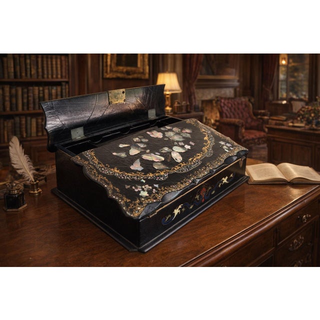 Victorian 19th Century Antique Victorian Papier-Mâché & Mother of Pearl Lacquered Writing Slope, Lap Desk, Box. Original Velvet & Secret Compt. See Photos! For Sale - Image 3 of 11