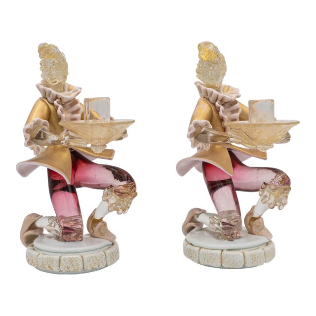 Pair of 1970s Murano Style Hand Blown Italian Art Glass Gentlemen Figure Candlestick Holders For Sale