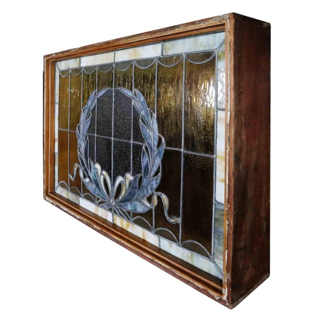Antique Stained Glass Window • Wreath and Bow Design For Sale - Image 4 of 7