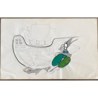 Armando Villagran, Surrealist Latin American Mixed Media - Woman In Green Pants With Ship, 1971 For Sale