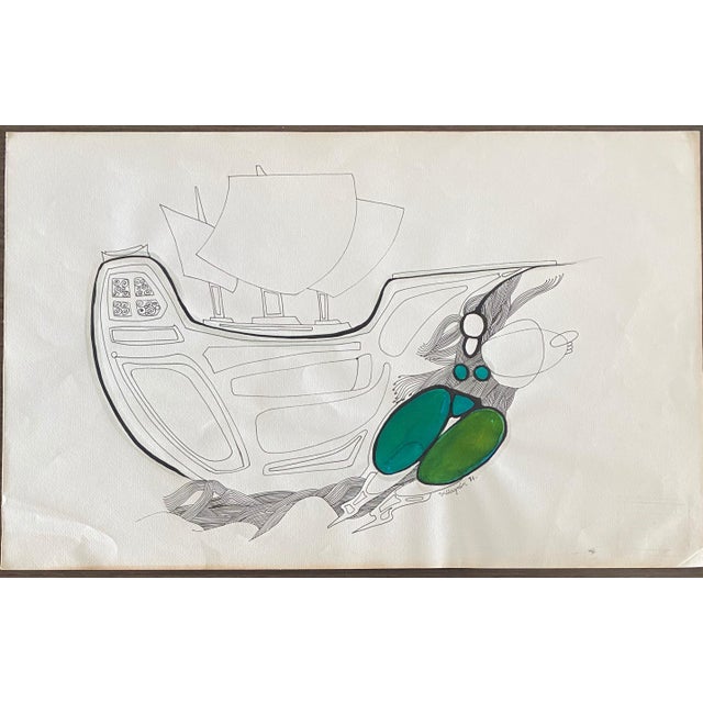 Armando Villagran, Surrealist Latin American Mixed Media - Woman In Green Pants With Ship, 1971 For Sale