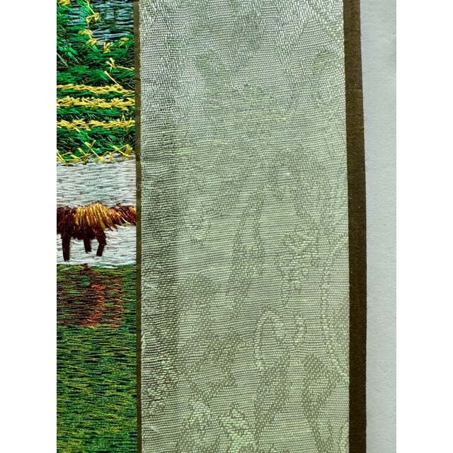 Late 20th Century Vintage Vietnamese Silk Hand Embroidery, River Landscape With Water Buffalo & Farmer, Framed For Sale - Image 5 of 8