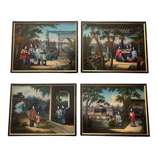(4) Chinese Export Oil on Canvas Exterior Scenes C. 1840 National Gallery Prov. For Sale