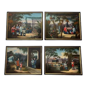(4) Chinese Export Oil on Canvas Exterior Scenes C. 1840 National Gallery Prov.