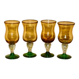 1980s Hand Blown Amber Glass Barware, Stemware, Made in Mexico- Set of 4