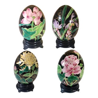 Vintage Chinese Cloisonné Enamel Floral Eggs W/Black Stands Set of 4 For Sale