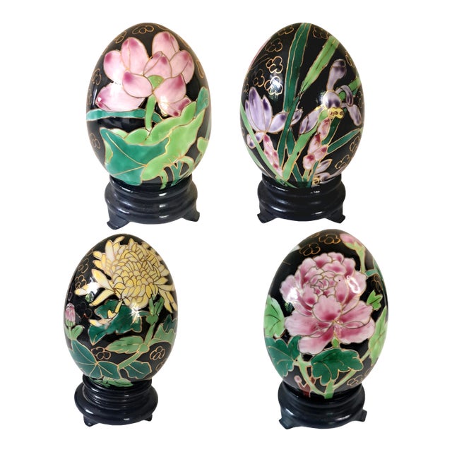 Vintage Chinese Cloisonné Enamel Floral Eggs W/Black Stands Set of 4 For Sale