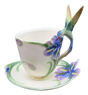 Long Tail Hummingbird Tea Cup and Saucer from the Franz Porcelain, 2000s, Set of 2
