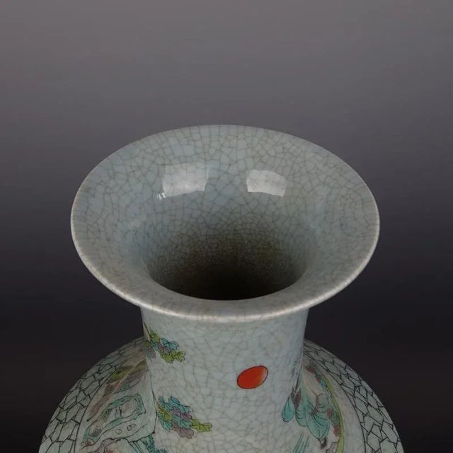 Chinese Vintage Porcelain Vase Qing Dynasty Qianlong Marked Crackle Glaze Famille Verte Porcelain Vase Hand Painted Figures Pattern For Sale In Seattle - Image 6 of 7