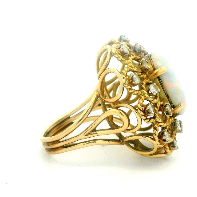 Vintage Italian Opal & Diamond Cocktail Ring | 14k Gold Mid-Century Statement, Size 6 For Sale - Image 4 of 16