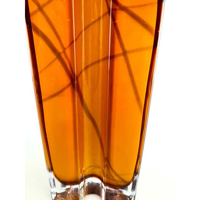 Contemporary 1970s Mid-Century Italian Amber Murano Style Glass Vase With Sculptural Cross-Shaped Design For Sale - Image 3 of 11